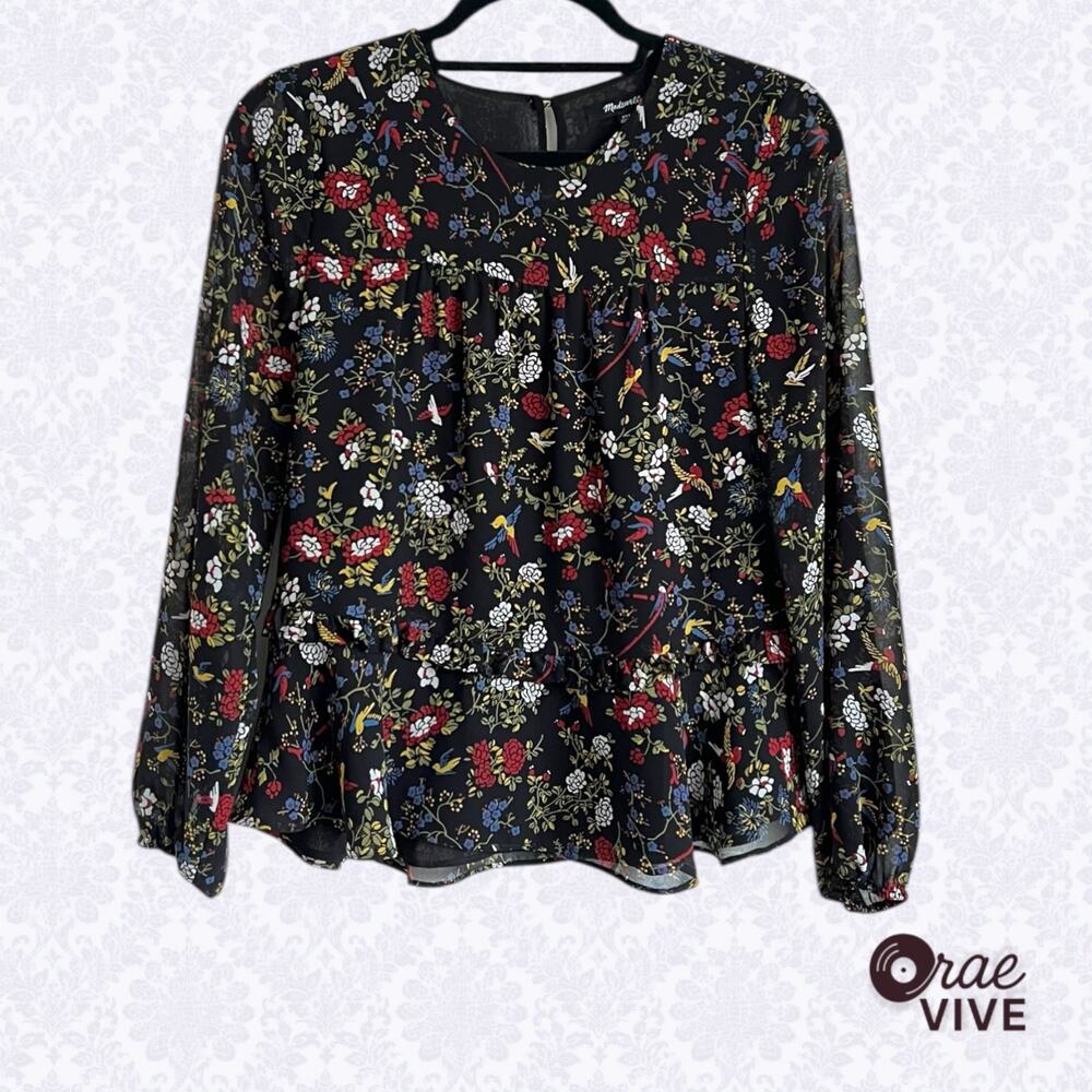 Madewell XXS Black Finch Floral Sheer Sleeve Ruffle Peplum Top